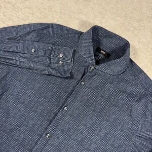 Hugo Boss Button Down Shirt Mens 16 Blue Glen Plaid Slim Fit Long Sleeve Spread